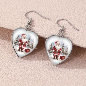 Santa Heart Dangle Stainless Steel Glass Accents Earrings. NWOT